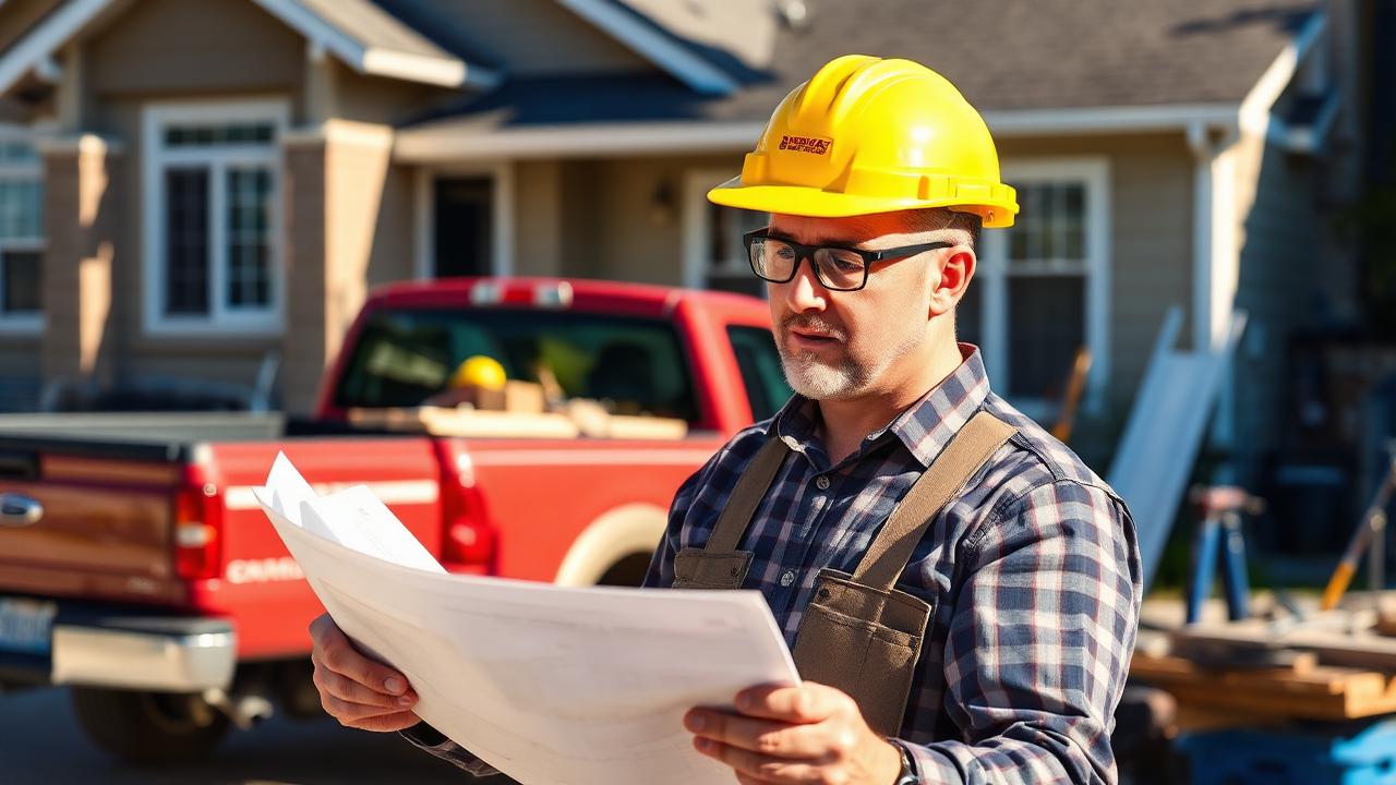 Contractor reviewing plans outside a residential job site