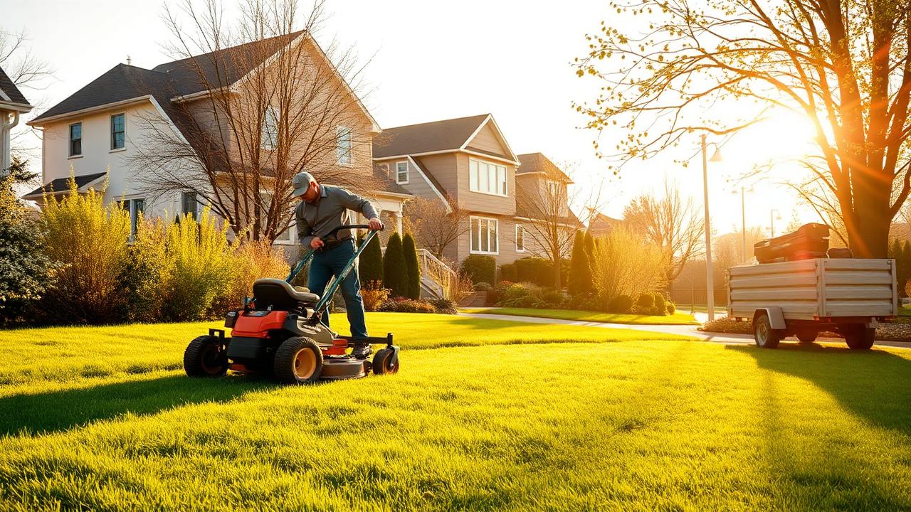Landscaping crew mowing a suburban lawn in spring