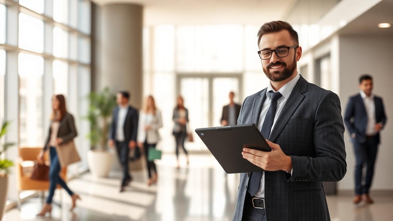 Property manager with a tablet in an apartment building lobby