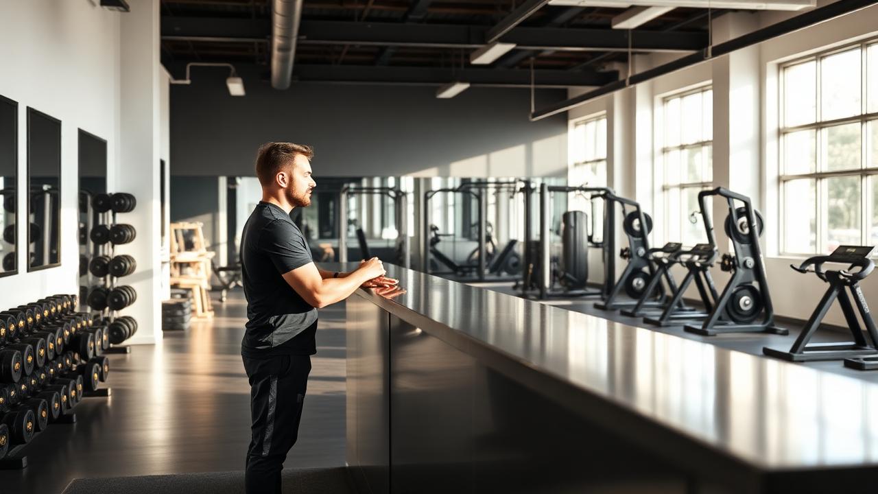 Trainer at the front desk of a modern fitness studio