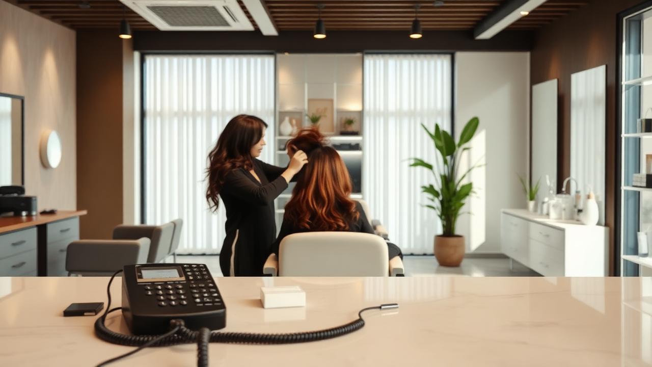 Stylist working with a client while the salon reception phone rings unanswered