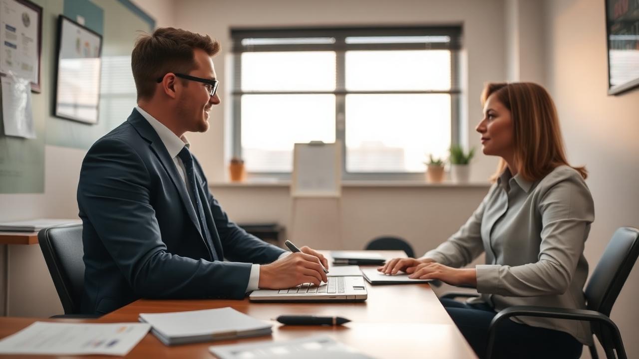 Insurance agent meeting a client across a desk in a small office