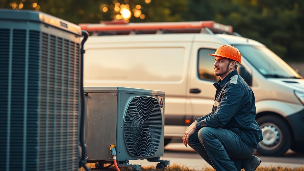 HVAC technician servicing an outdoor AC unit beside a service van