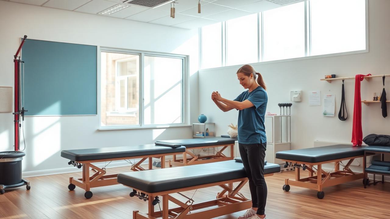 Bright physical therapy clinic with treatment tables and a patient stretching