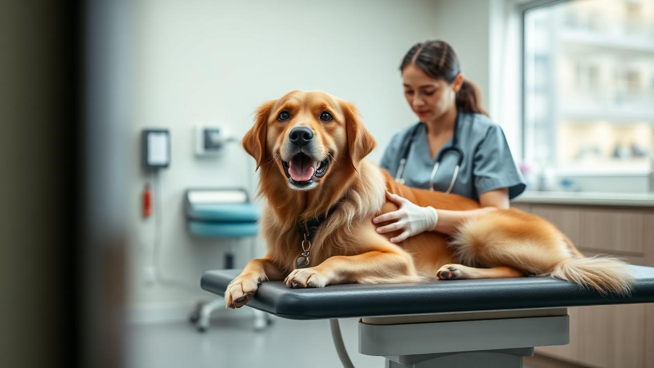 Veterinarian examining a dog on an exam table in a modern clinic