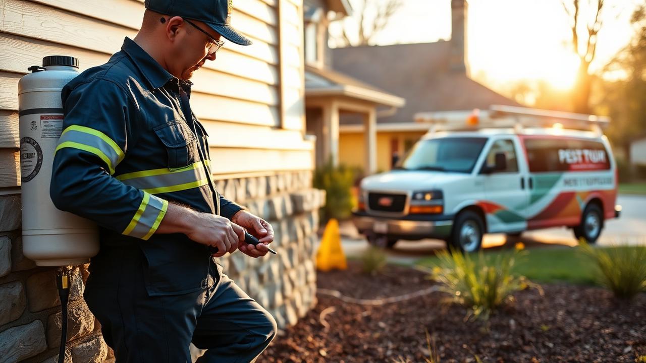 Pest control technician inspecting the exterior of a suburban home